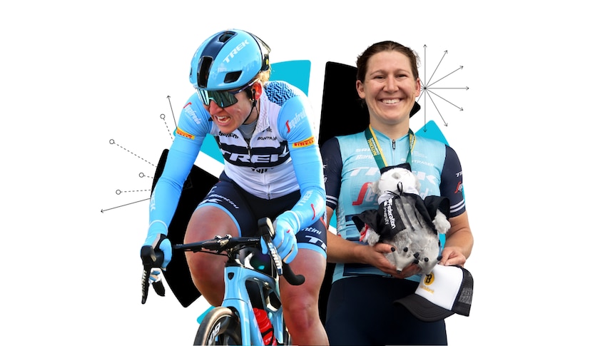 Stylised artwork showing two pictures of cyclist Lauretta Hanson.