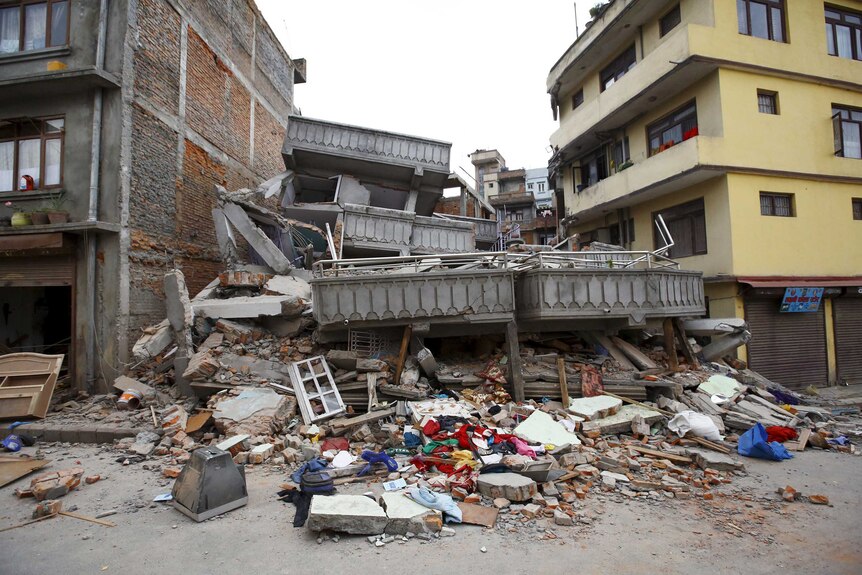 A collapsed building after an earthquake hit, in Kathmandu