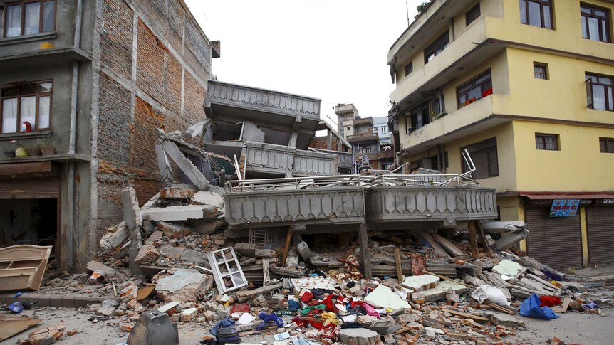 A collapsed building after an earthquake hit, in Kathmandu