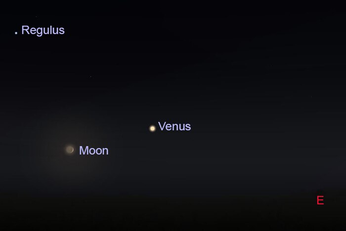 Star map showing position of Venus, crescent moon and Regulus