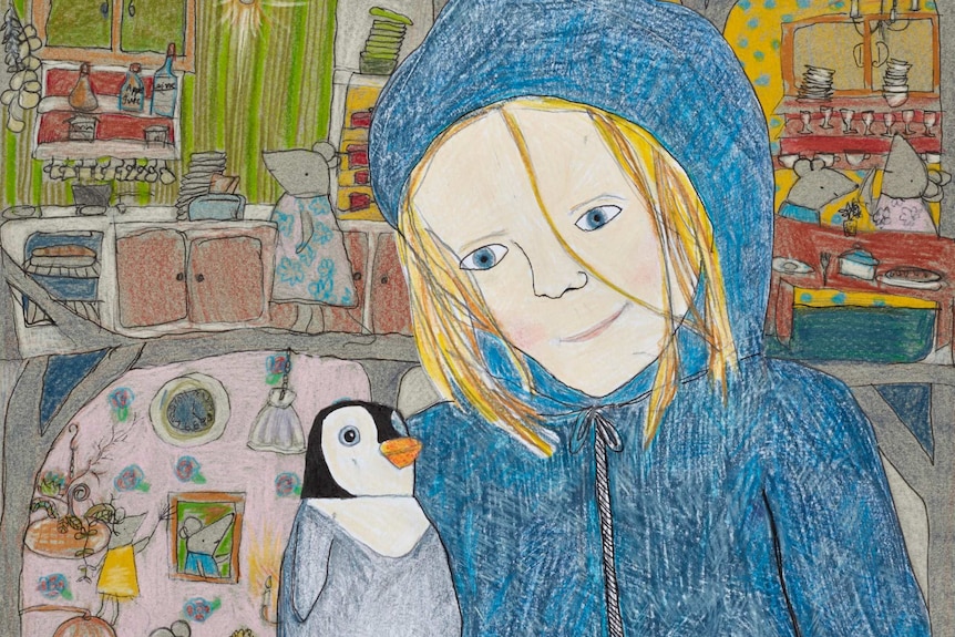 A drawing of a young girl with a penguin on her arm.