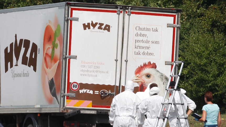 Forensic officers stand by a truck containing a large number of dead migrants