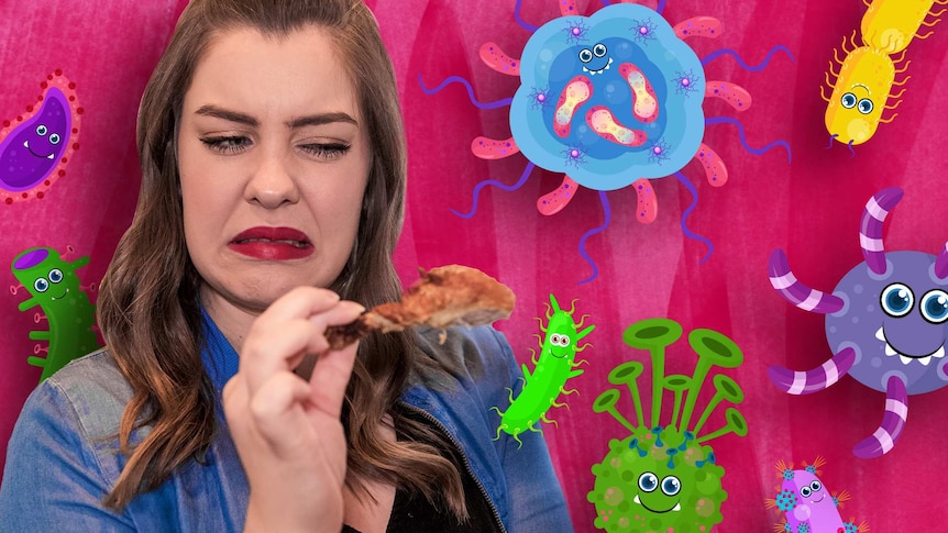 Charlotte makes a suspicious face at a leg of cooked chicken while illustrations of bacteria float around her.