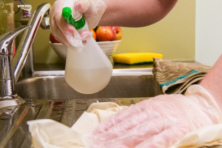 A woman sprays and cleans mould from a kitchen sink.