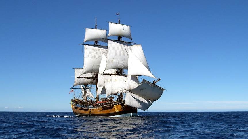 A wide photo of a replica of the Endeavour - a on old ship with many sails - at sea.