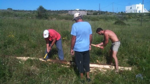 Three men with axes cutting a wooden cane in the sun on an island in Greece.