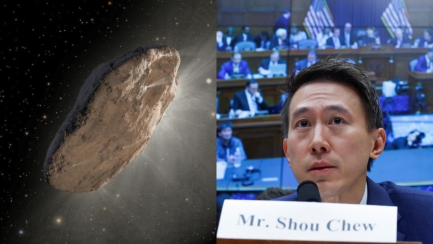 A composite image of a comet and TikTok's CEO Shou Chew.