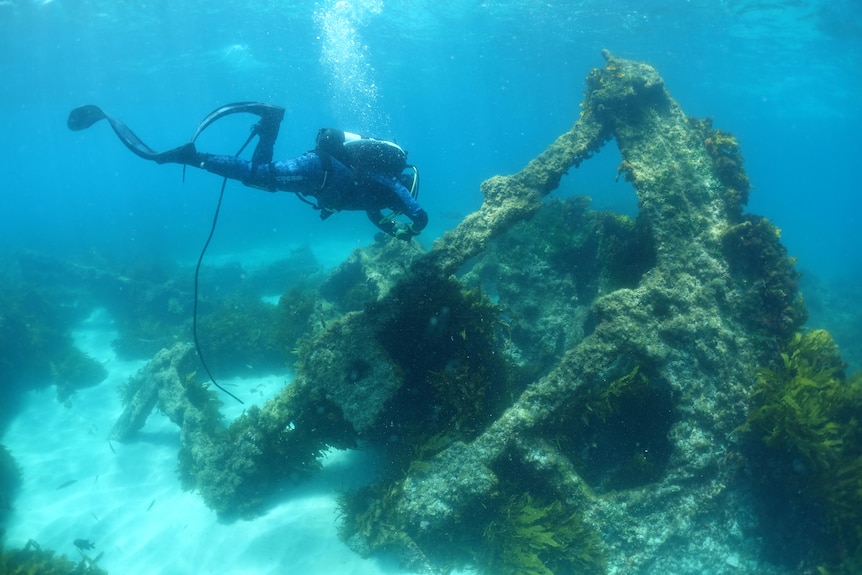 underwater shot of a man an in scuba gear with parts of a shipwreck