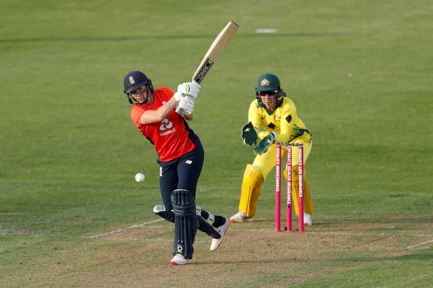 Katherine Brunt hits down the ground in a Women's Ashes match.