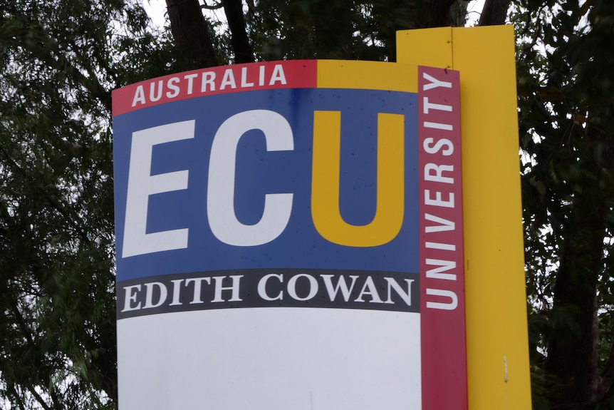 A colourful university sign which reads ECU