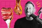 An illustration with Paul Saladino Carnivore MD, steak and a chicken drumstick. 