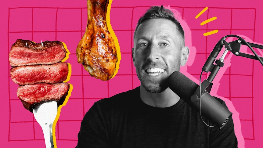 An illustration with Paul Saladino Carnivore MD, steak and a chicken drumstick. 