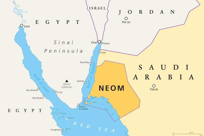 A map showing where Neom sits within Saudi Arabia.