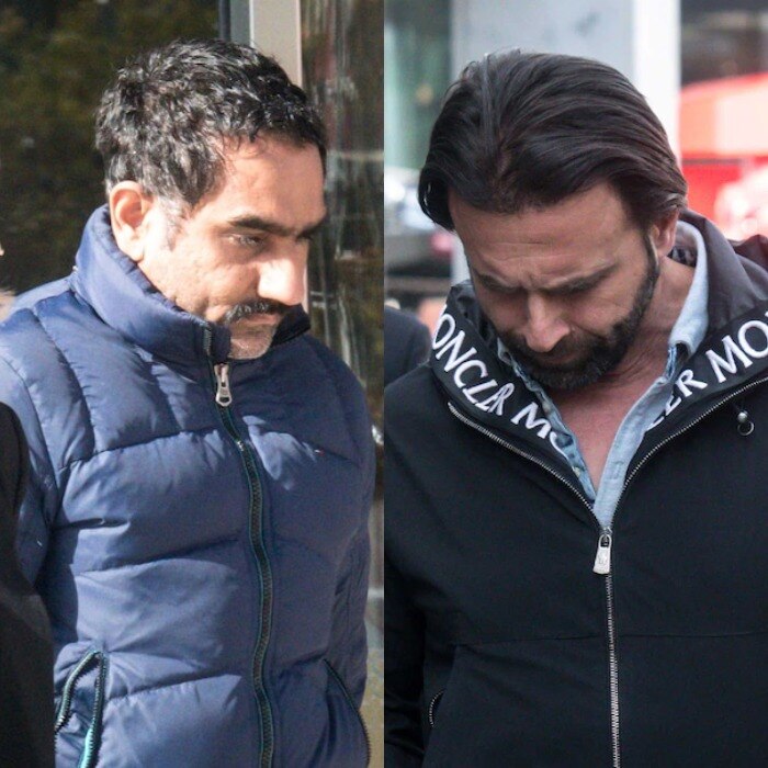 Composite image of two men walking into court. Both have their heads bowed.