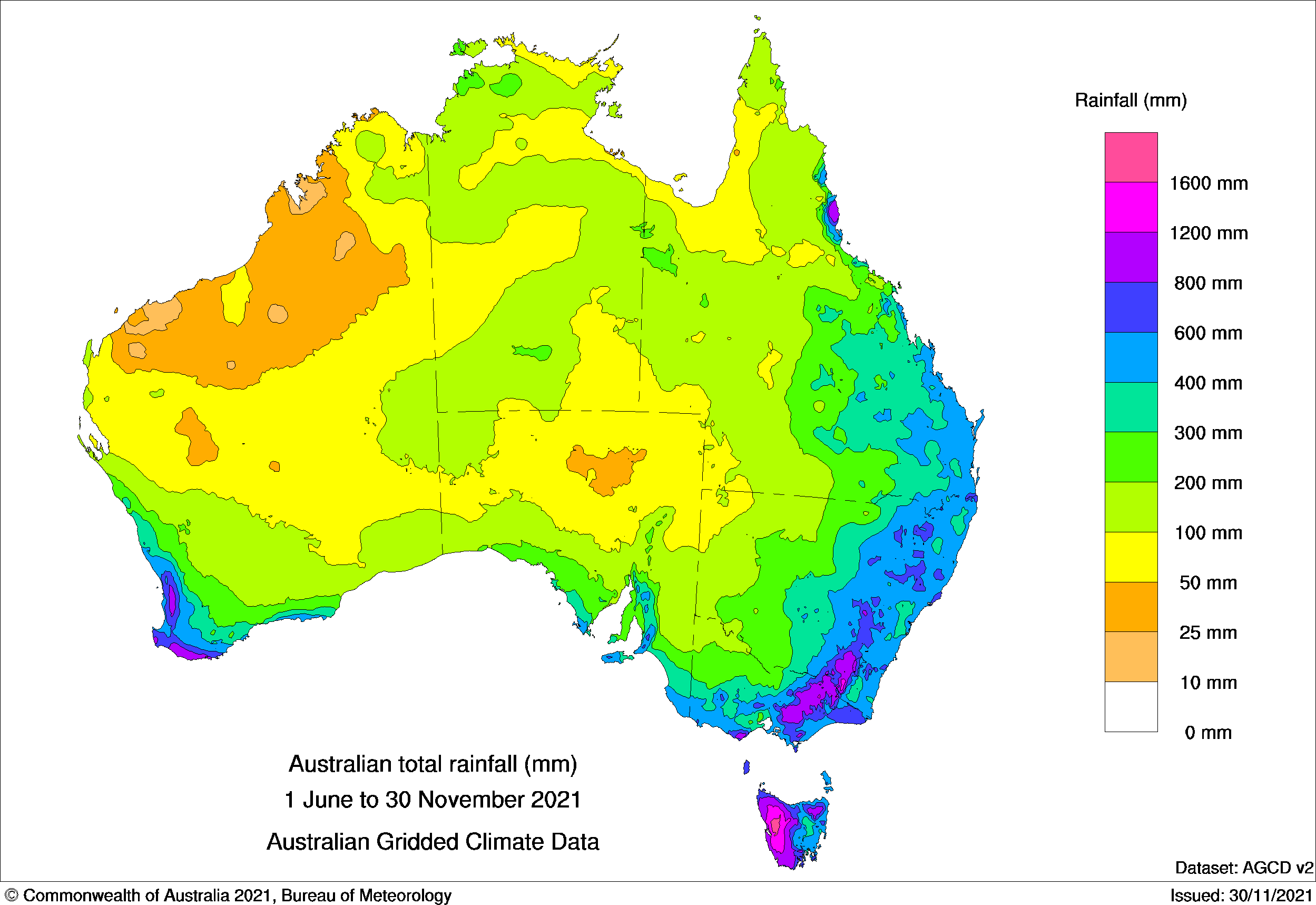 Map of AUS: Patches of blues and greens particularly in the south east of the country