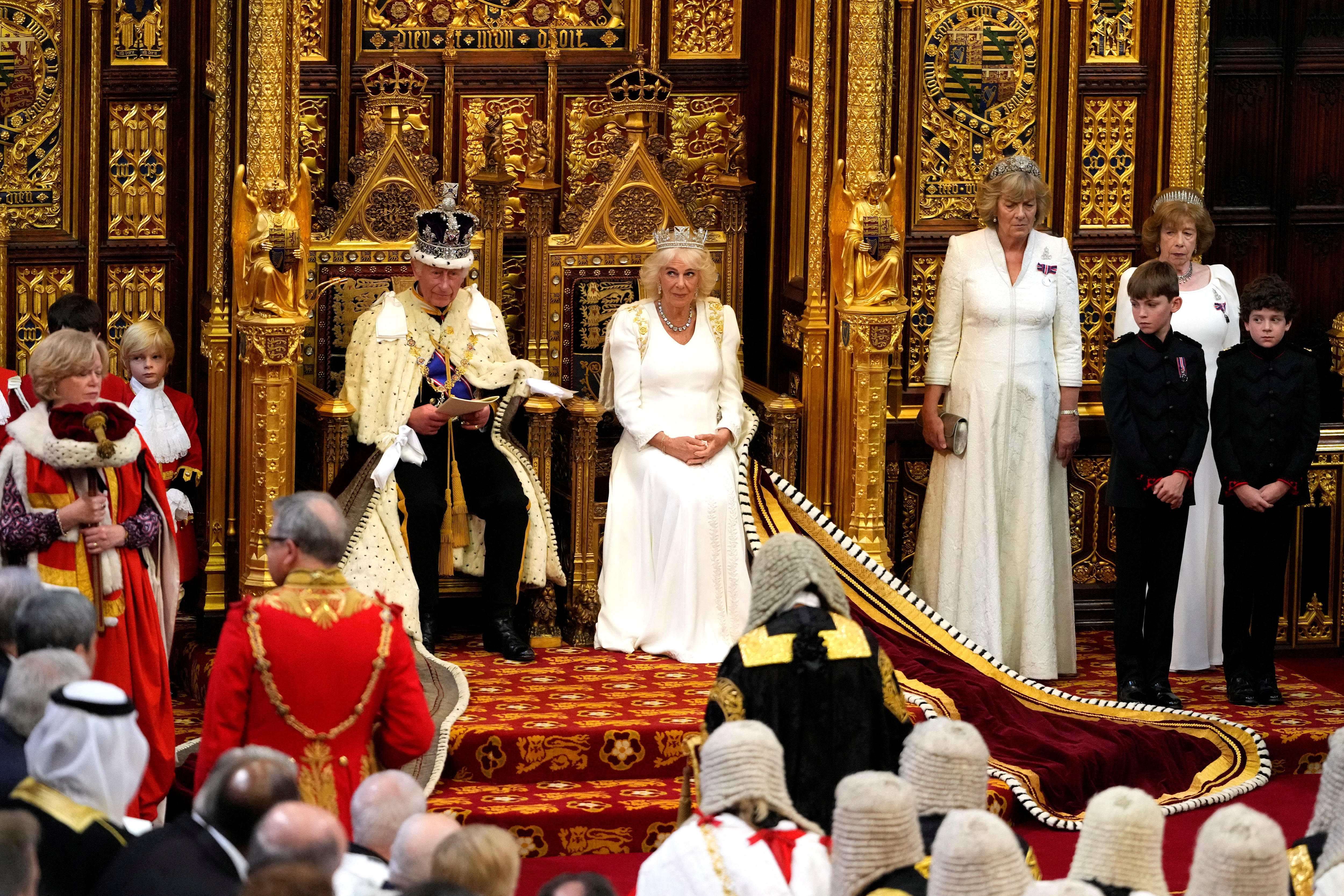 The Opening State of Parliament where the Queen and King are sitting down about to address the people