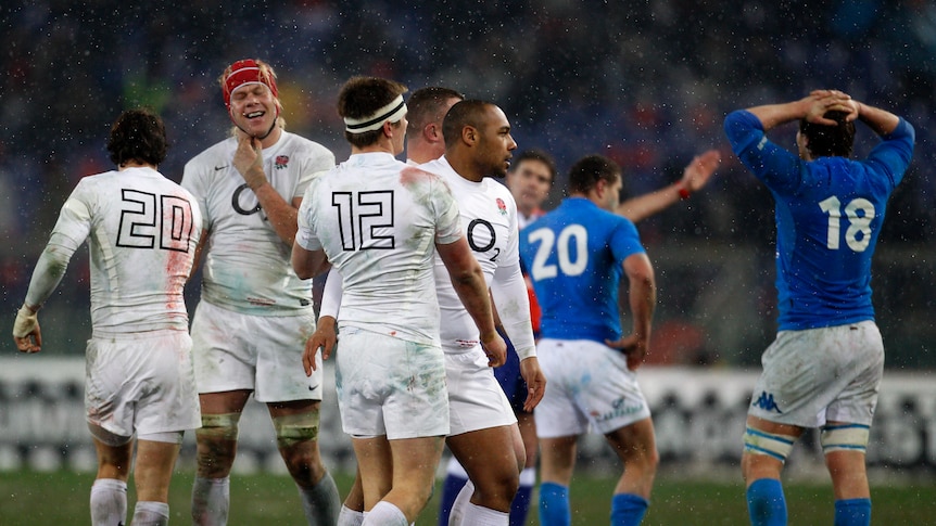 Come-from-behind win ... England celebrates and Italy commiserates at Stadio Olimpico.