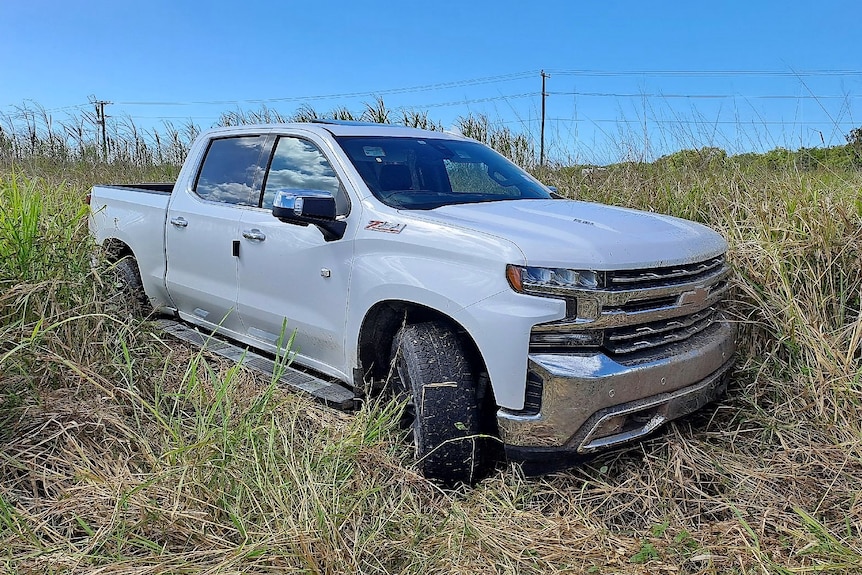 A Chevvy pick up truck dumped in long grass.