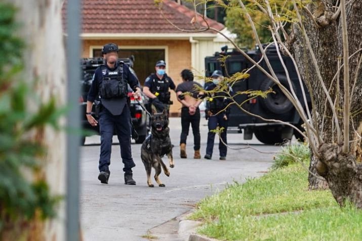 Police arresting a man with a police dog in the foreground 