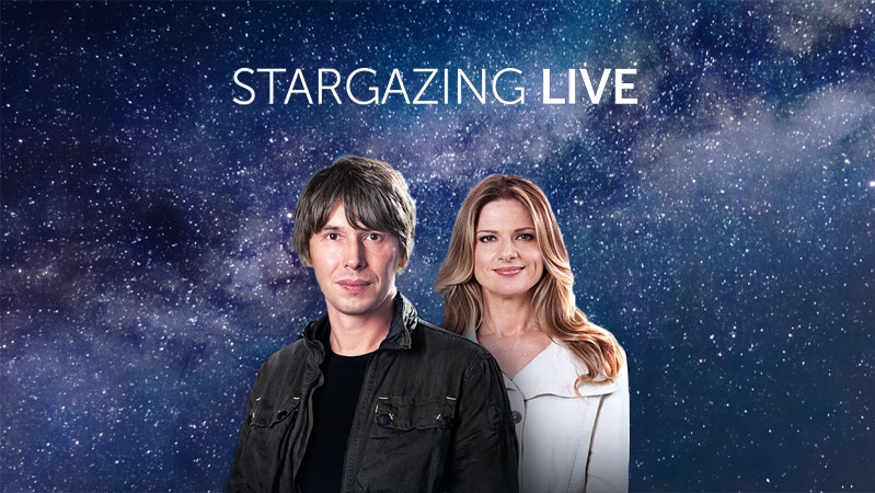 Man and woman with night sky background. Text - Stargazing Live