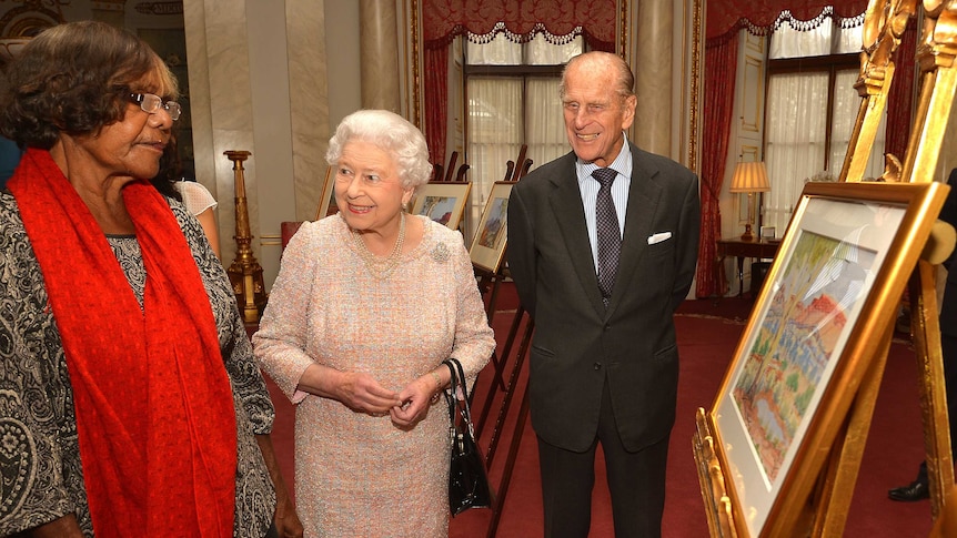 The Queen and Prince Philip talk with Lenie Namatjira, the granddaughter of Aboriginal artist Albert Namajtira