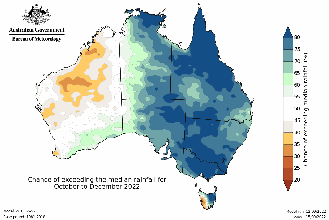 map of Aus with blue over majority of all states apart from WA, indicating 60 to over80% chance of above median rainfall