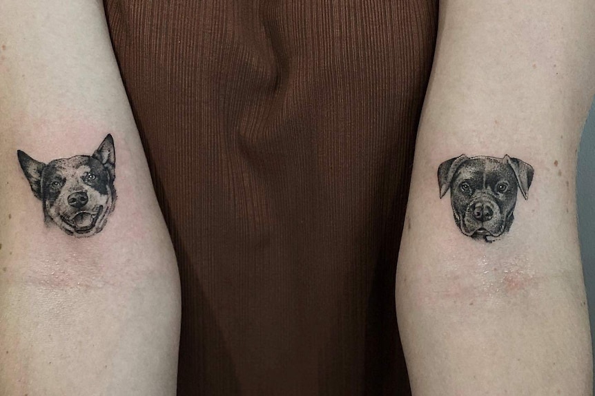 Small black and grey tattoo portraits of dogs on the inside of a woman's arms.