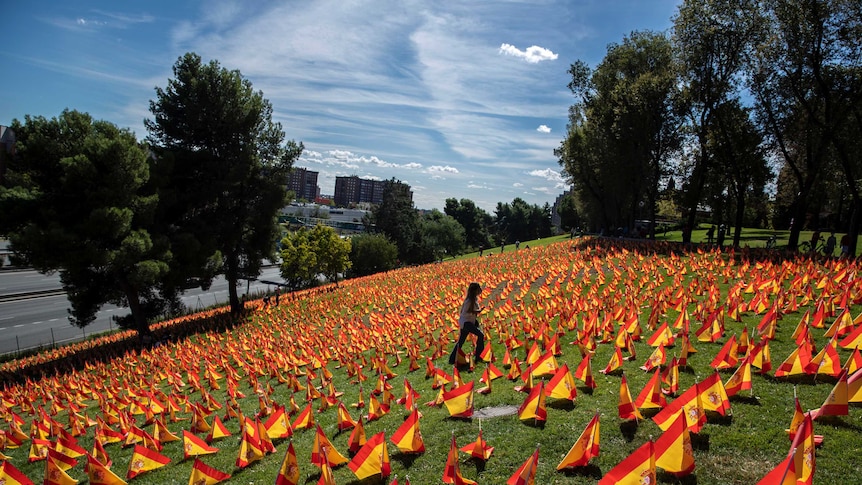 A woman walks among hundreds of small Spanish flags planted in a park.