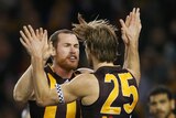 Jarryd Roughead of the Hawks and Ryan Schoenmakers celebrate a goal