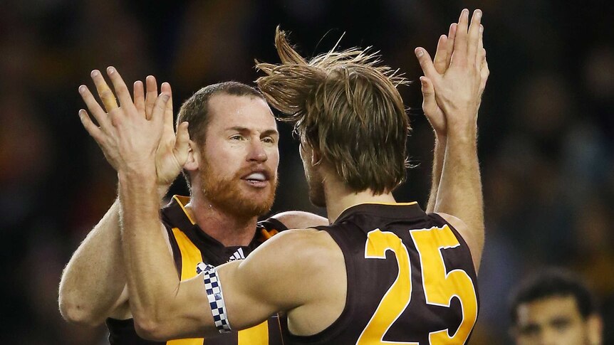 Jarryd Roughead of the Hawks and Ryan Schoenmakers celebrate a goal