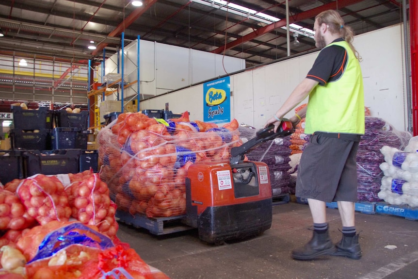 A worker at Market City moving onions.