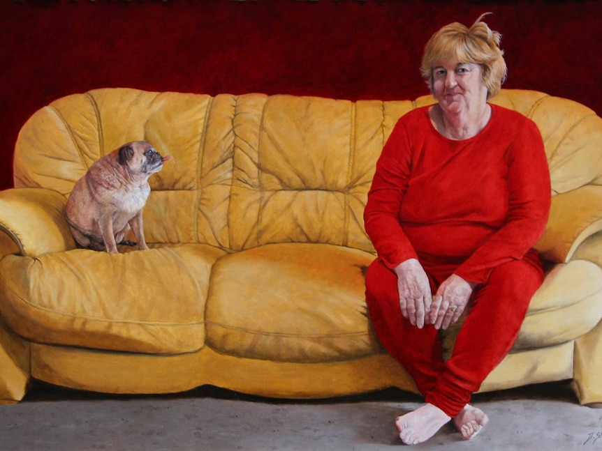 Painting of Dawn Stubbs sitting on a yellow couch with a pug dog sticking its tongue out