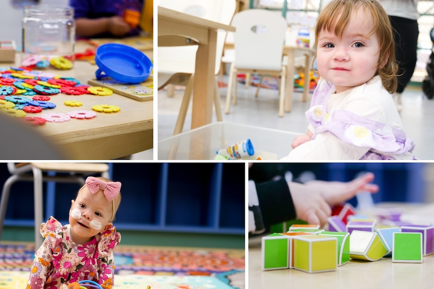 Four pictures showing colour tabs on the table, two children smiling at the camera and colourful blocks on a table.