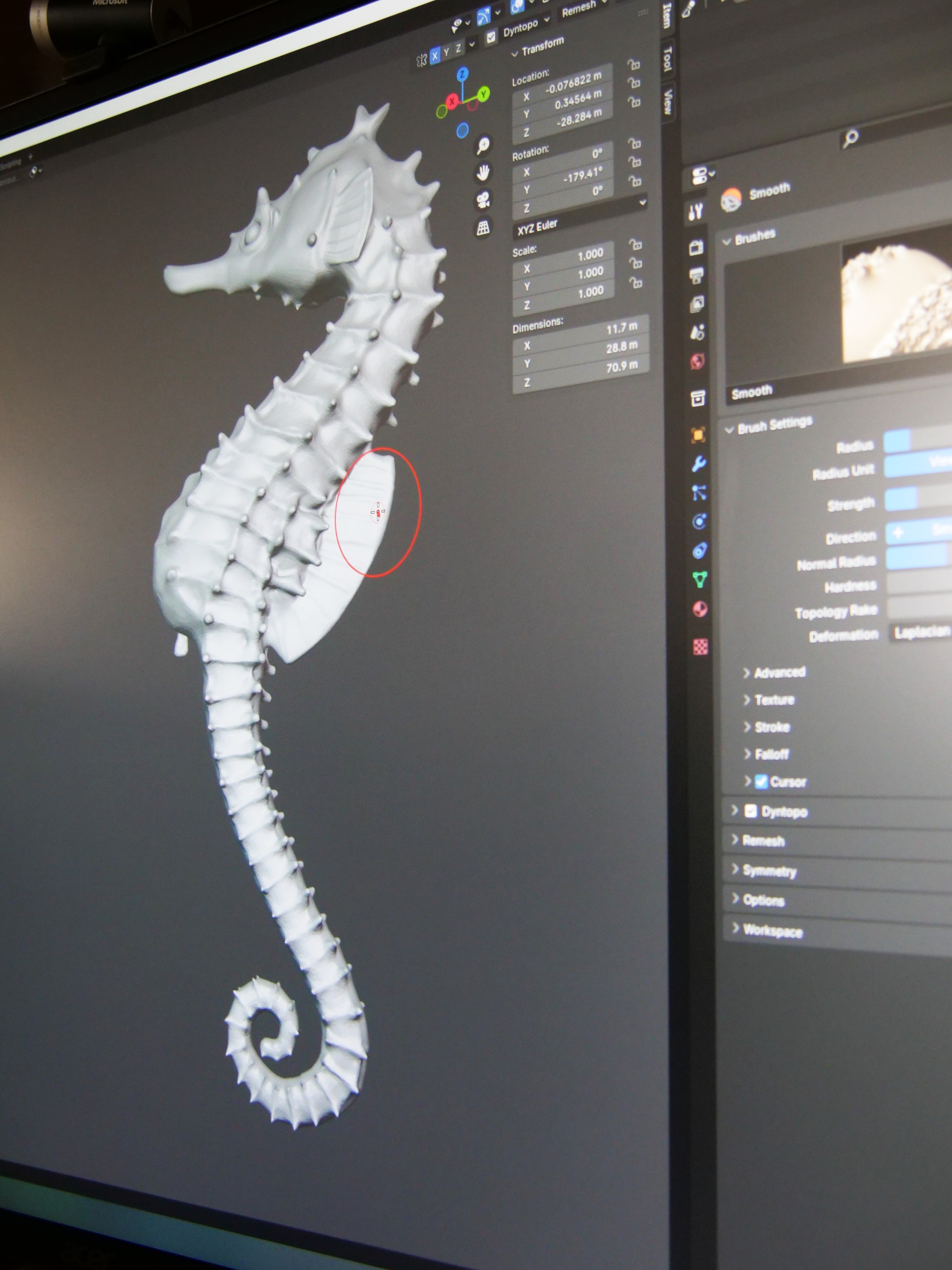 A black and white image of an animated seahorse on a computer screen.