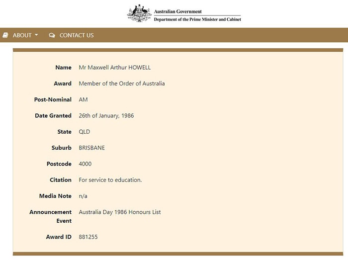 Screen shot of Australian Honours entry - Maxwell Arthur Howell, OAM for service to education in 1986