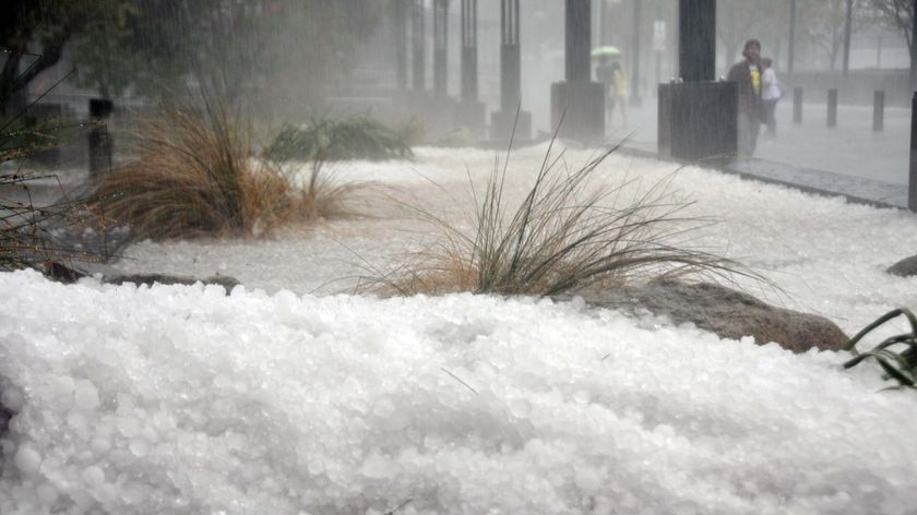 Hailstones piled up on a Melbourne street after a storm on March 6, 2010.