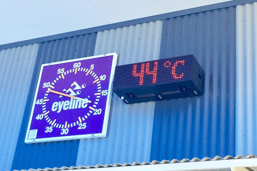 Temperature sign of 44C at Gatton pool, west of Brisbane, about noon on February 12, 2017.