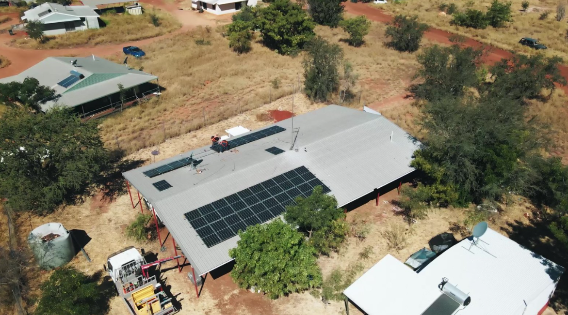 Solar panels on buildings in a remote community in the Northern Territory. 
