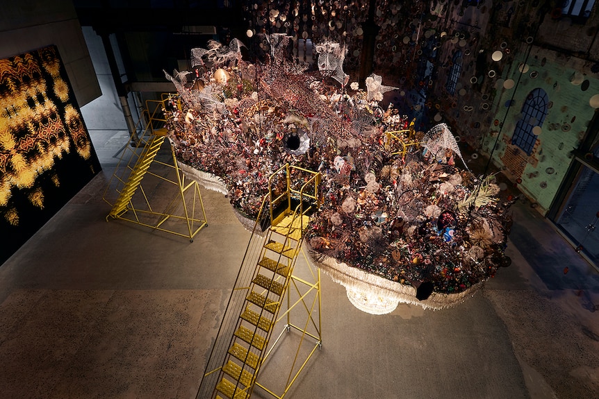 Colour photo of artwork Crystal Cloudscape by Nick Cave as seen from above on display at Carriageworks in Sydney.