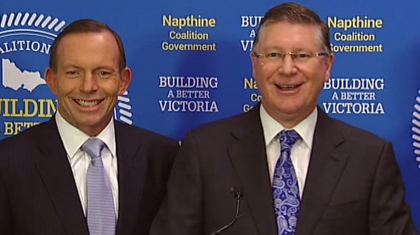 Tony Abbott and Denis Napthine at East West Link news conference