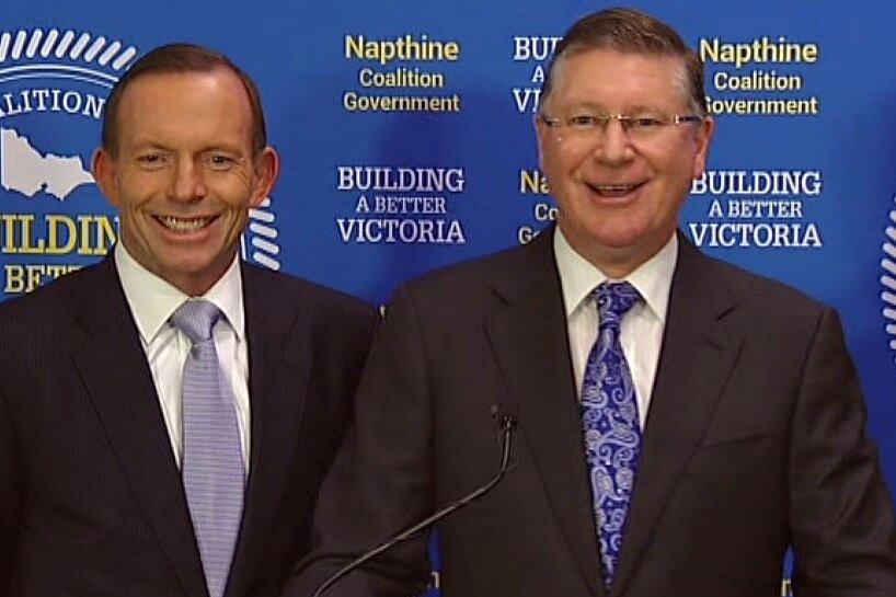 Tony Abbott and Denis Napthine at East West Link news conference