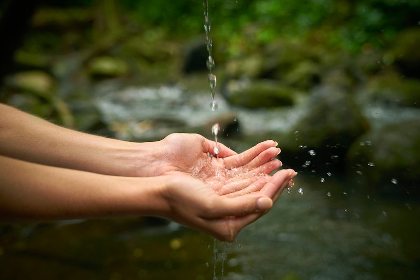A woman catches dripping water in the palm of her hands.