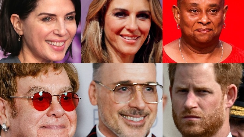 composite image of Sadie Frost, Elizabeth Hurley, Doreen Lawrence, Elton John, David Furnish and Prince Harry