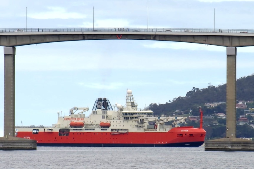 A large orange ship approaches a bridge span