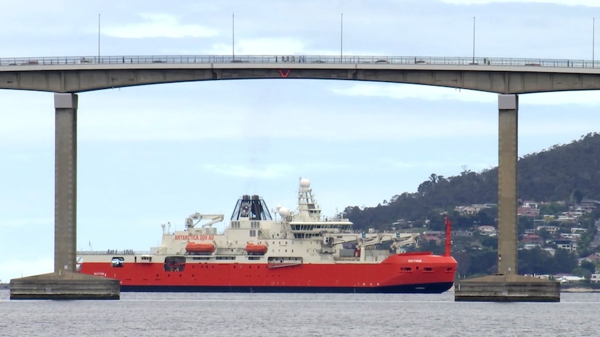A large orange ship approaches a bridge span