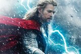 an australian actor dressed as norse god thor stands in a lighting storm