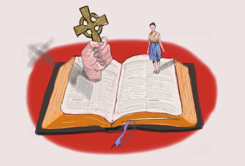 A woman stands on the pages of the Bible.