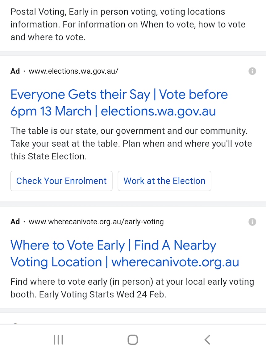 A screenshot from a mobile phone of an internet search for an early voting centre.