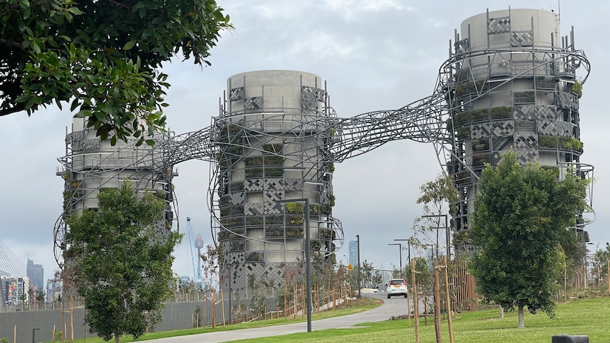 three ventilation towers built to allow fumes to leave the rozelle interchange in sydney