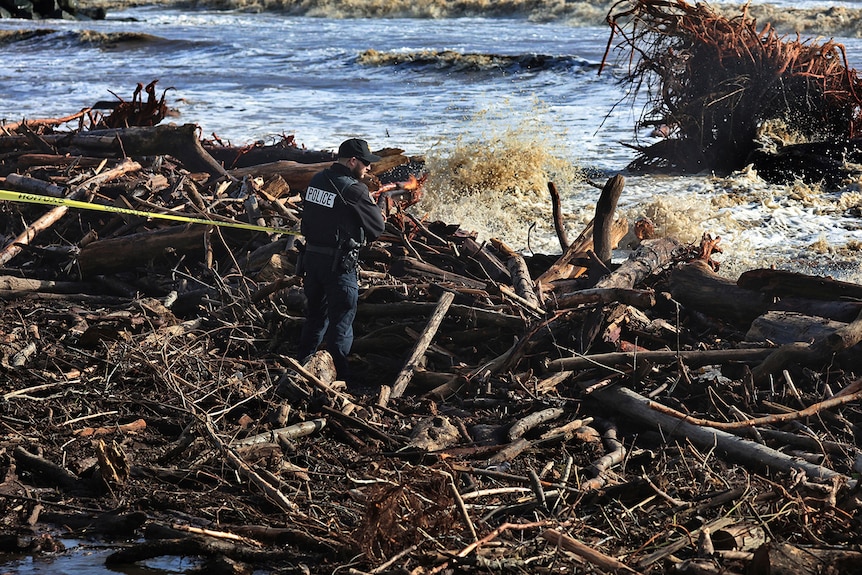 An officer stands in a large pile of driftwood near the water. 